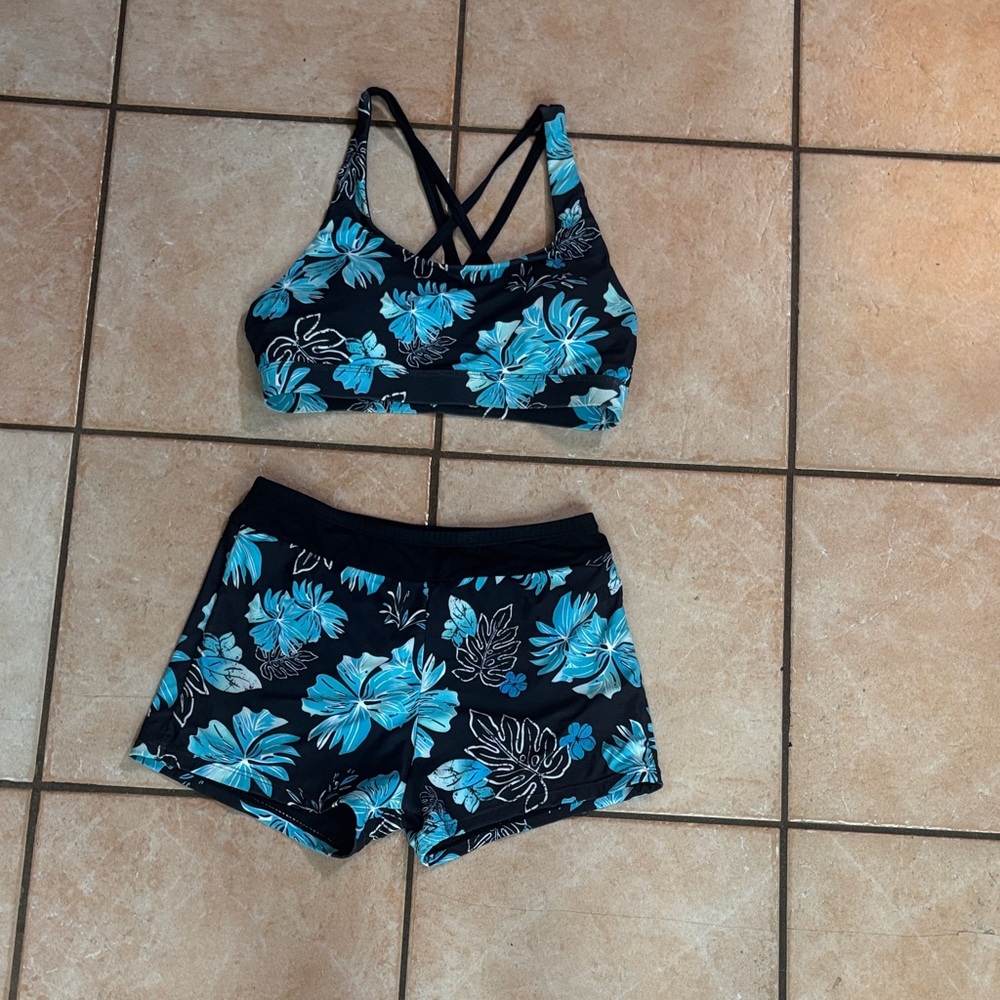 Black & Turquoise Floral Athletic Bikini Set